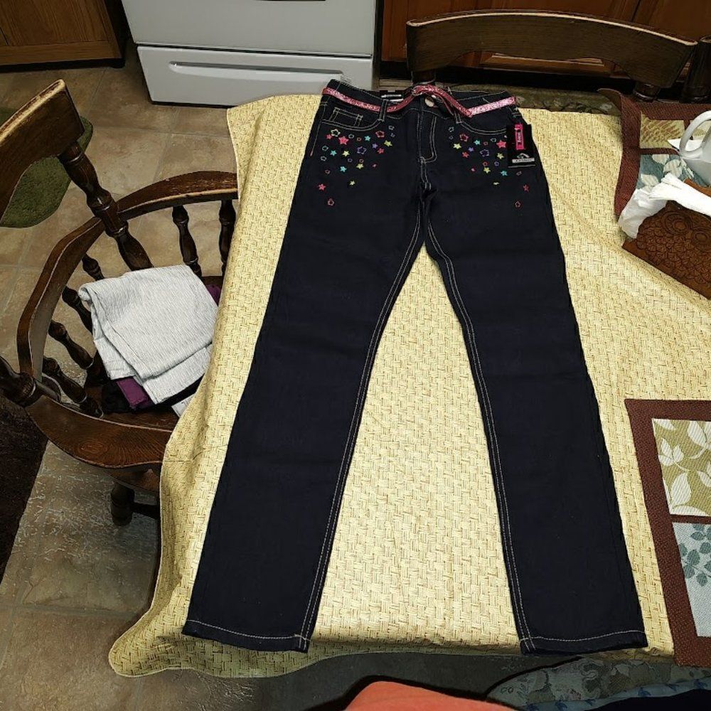 New Jordache Dark Blue Embroidered Stars Skinny Jeans With Belt Size Girl's 14